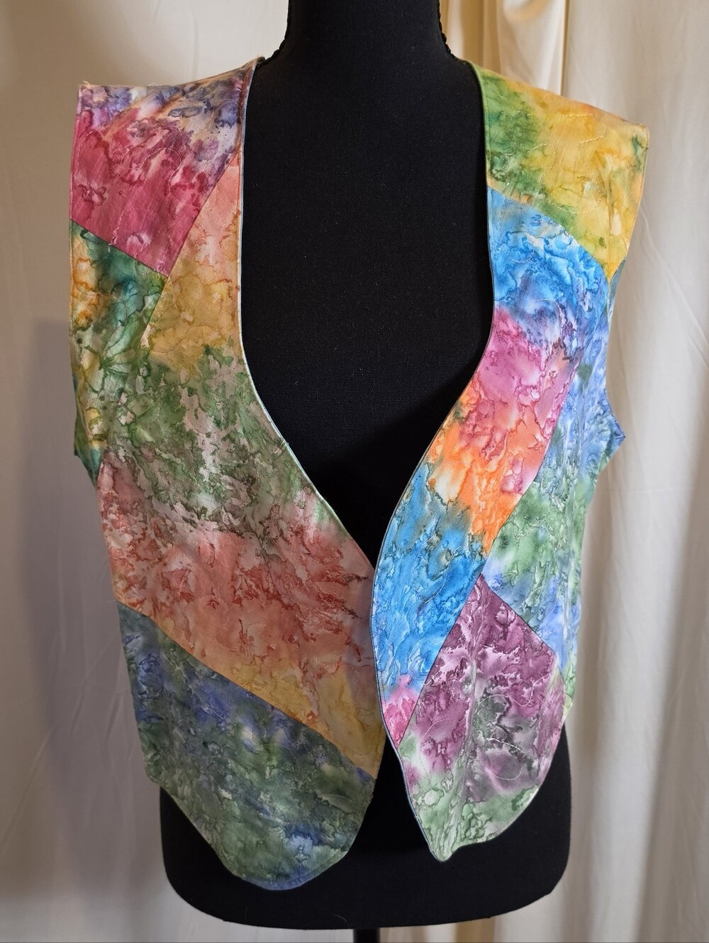VTG Handmade Batik Patchwork Vest Medium Boho Artsy Multi Color Open Front
